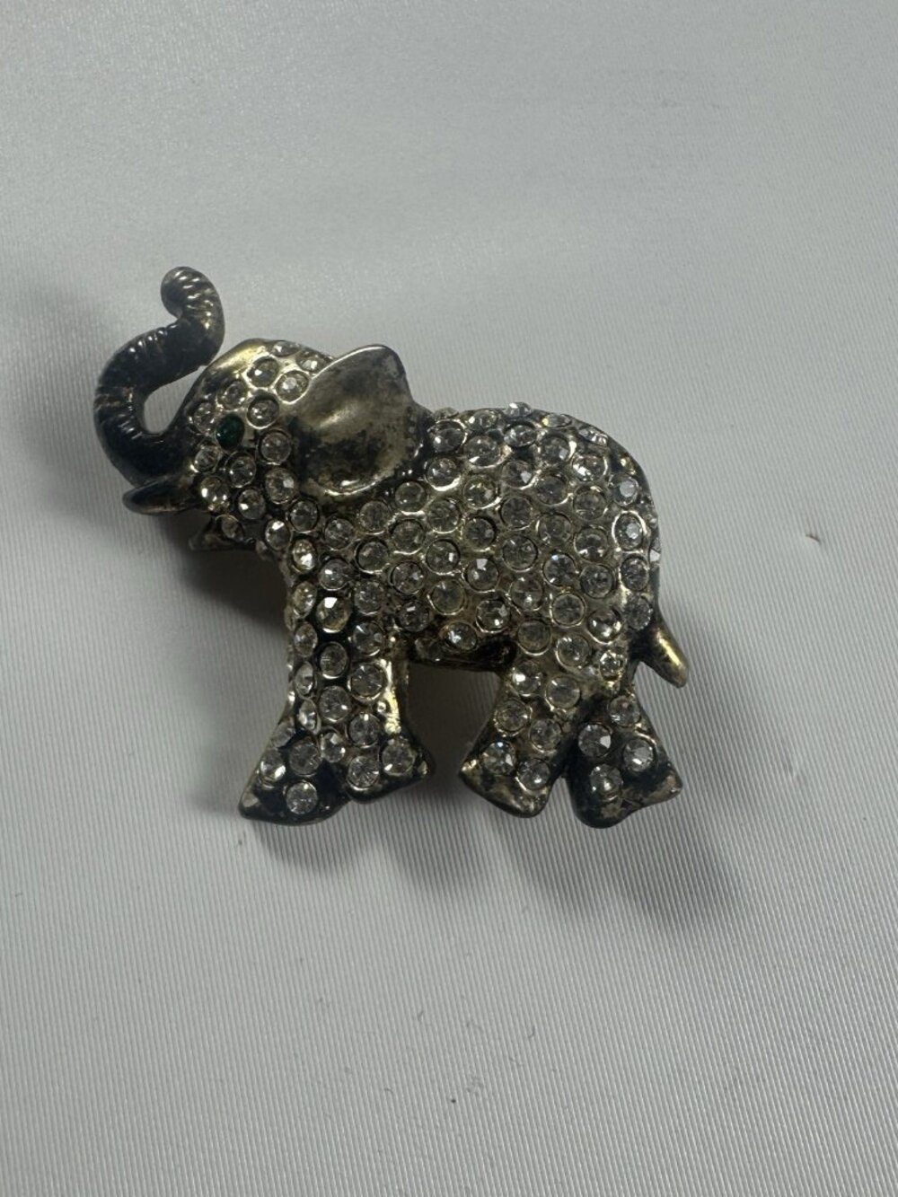 Vintage Rhinestone Elephant Brooch Lucky Trunk Up Pave Crystal Pin